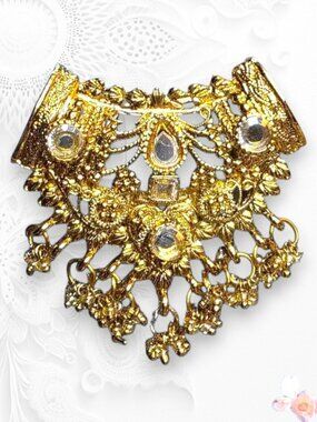 Vintage Gold Tone Ornate Slider Pendant Rhinestone Fringe Statement Necklace 458